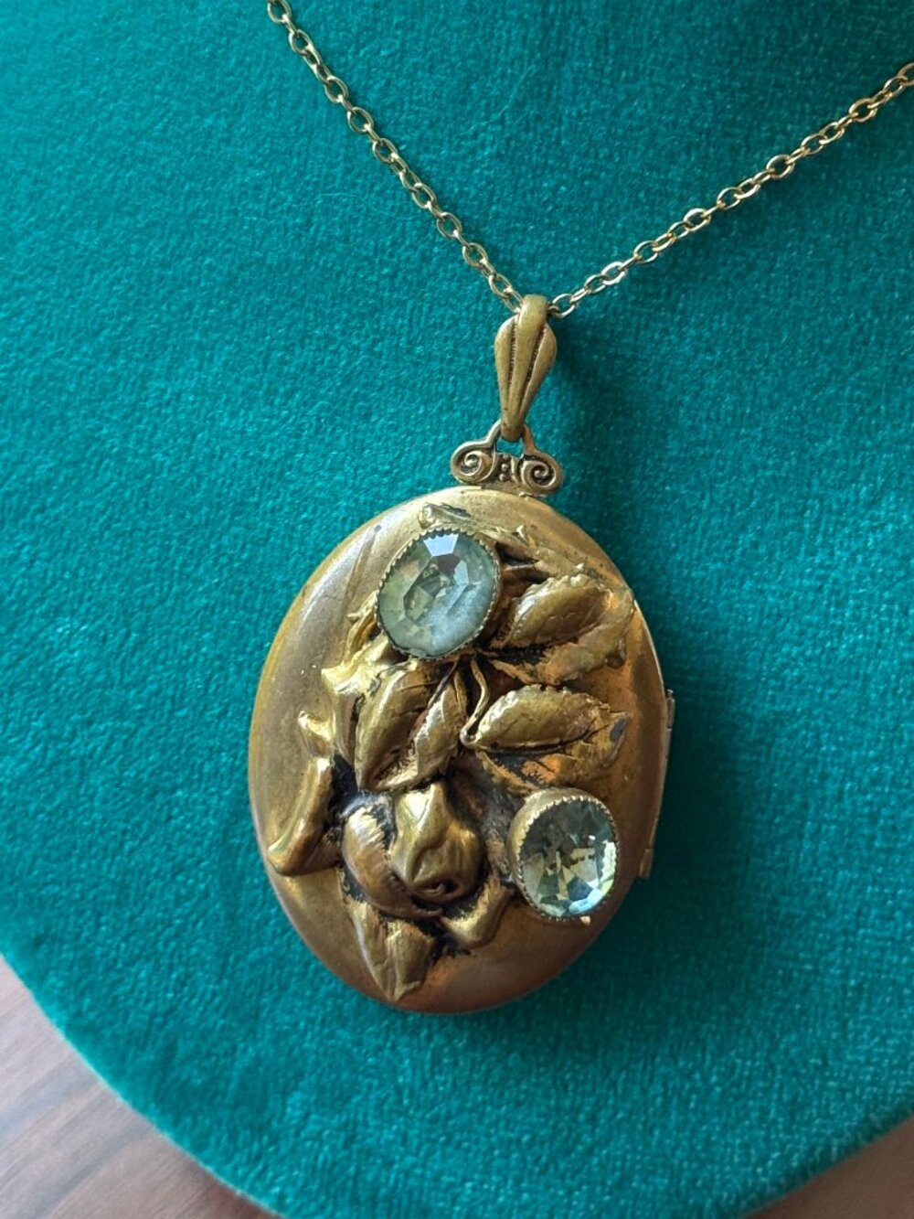 Victorian Repousse Floral Locket in Brass and Glass